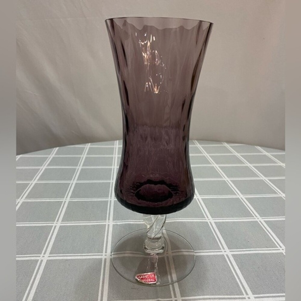 Vintage Amethyst Dark Purple Vase Clear Foot & Spiral Stem Made in Portugal RARE